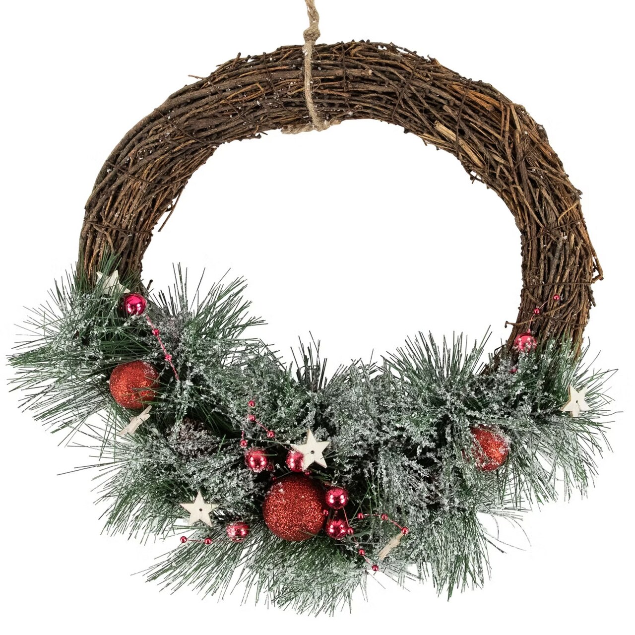 13.75" Frosted Christmas Wreath with Red Ornaments, Pine Needles & Stars